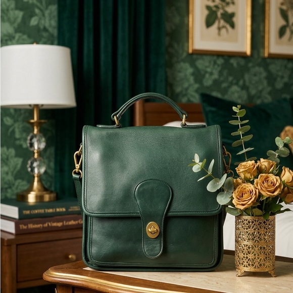 purse Other - Vintage station bag emerald green Elegant Green Leather Bag leather gold hard